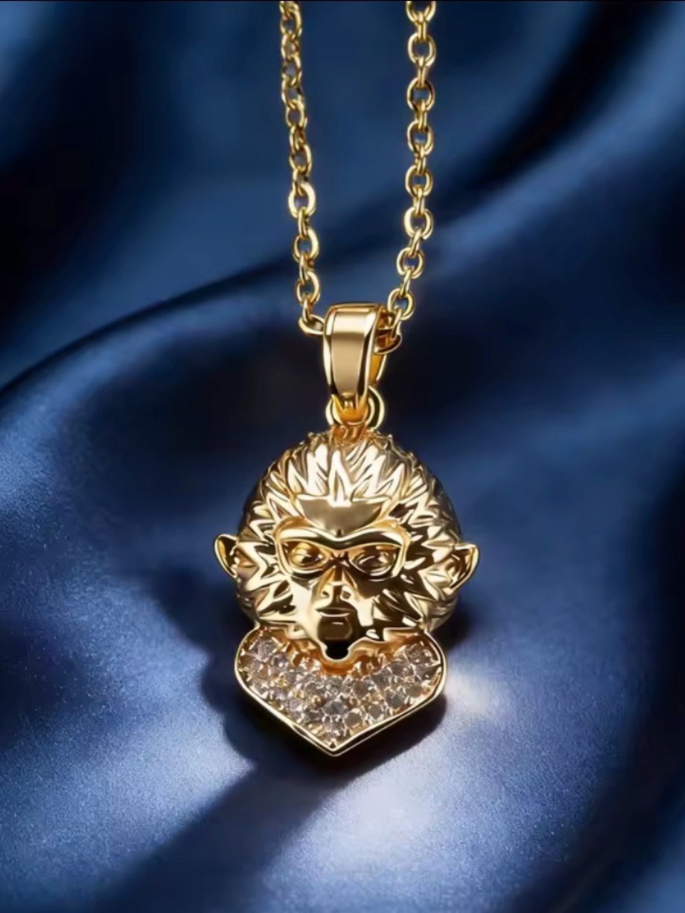 18K Gold Monkey King Head W/ Micro Pave Diamond Inlay Necklace Mythology Legend